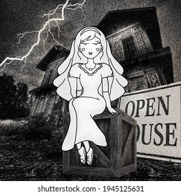 Beautiful Bride With Wedding Dress In Front Of A Haunted House That Is For Sale. Lightning In The Background. Black And White Illustration.