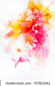 Beautiful bright abstract decorative exotic flowers. Elements to create design patterns, ornament, backgrounds, wallpaper, textiles.Watercolor on paper texture with graphics. Hand illustration.