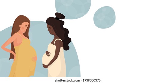 Beautiful bright banner about childbirth, motherhood, support during unplanned pregnancy. Black and white pregnant women communicate. Concept template for artificial insemination, pregnancy management