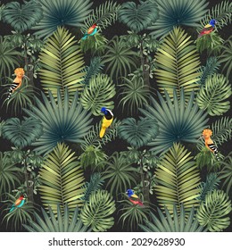 Beautiful Bright Birds In The Tropical Forest. Seamless Pattern With Digital Hand Drawn Illustration With Jungle Theme