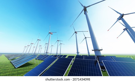 Beautiful bright Landscape with a Wind Farm on a sunny day with a sky full of and colorful foreground with green grass. 3D Rendering.