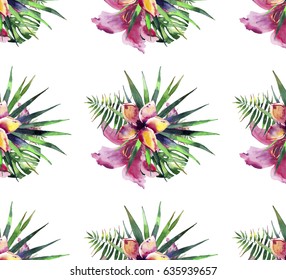 Beautiful bright lovely colorful tropical hawaii floral herbal summer pattern of tropical flowers hibiscus orchids and palms leaves watercolor hand sketch