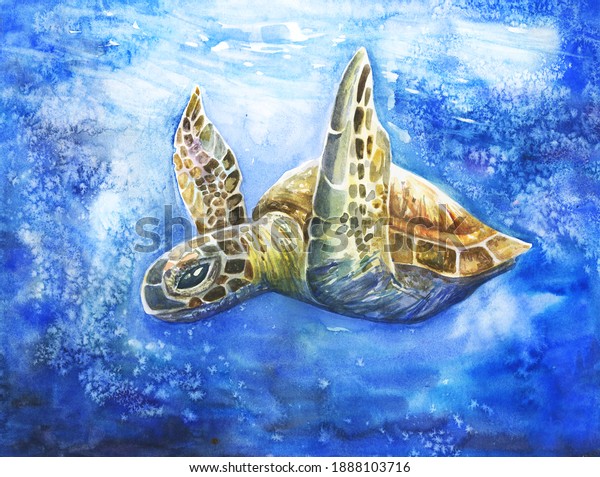 Beautiful bright realistic turtle in the ocean. Hand drawn illustration for earth protection, supporting sea creatures, animal shelter. Bubbles, blue sea water coral reef. 