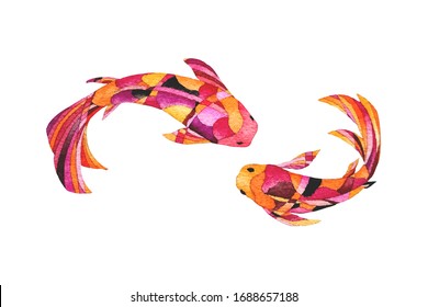 Beautiful and brilliantly colored Koi Carp fish on white background. Watercolor hand painting.  Symbol of good luck and prosperity.