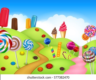 Beautiful Candyland With Cupcake,ice Cream, Lollipop And Candy Cane