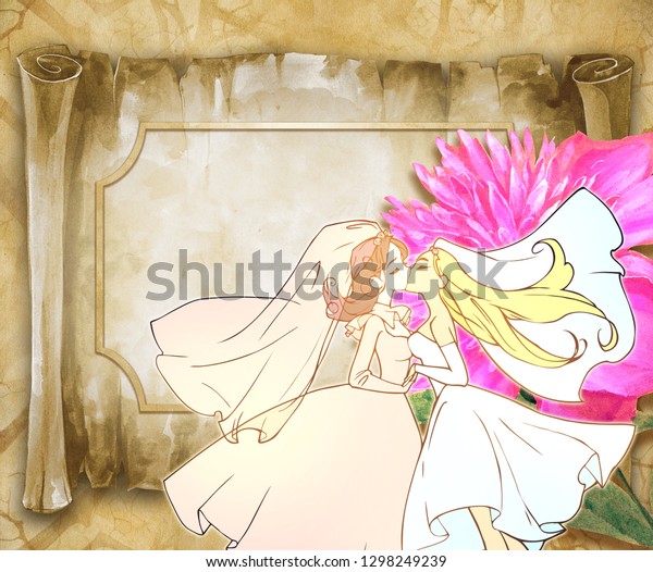 beautiful cartoon anime wedding illustration two stock