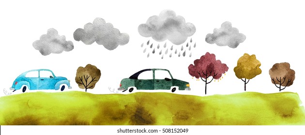 Beautiful cartoon cars isolated on white background. Hand drawn watercolor car with autumn trees and grass and clouds for your design.