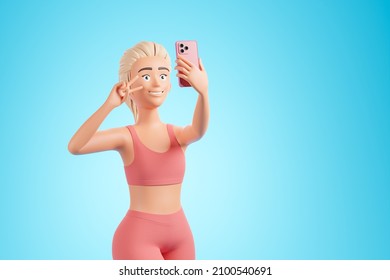 Beautiful Cartoon Character Blonde Woman Pink Sportswear Making Peace Sign Selfie Over Blue Background. 3d Render Illustration.