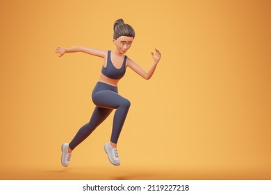 Beautiful cartoon character young woman in black sportswear run over yellow background with copy space. Fitness club advertising. 3d render illustration. - Powered by Shutterstock