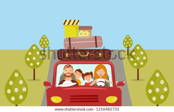 Beautiful cartoon family: young man, woman,\
son and daughter are going to vacation. Mom is driving a red car.\
There are a few suitcases and boxes on the roof of car. Road,\
trees. Raster\
illustration