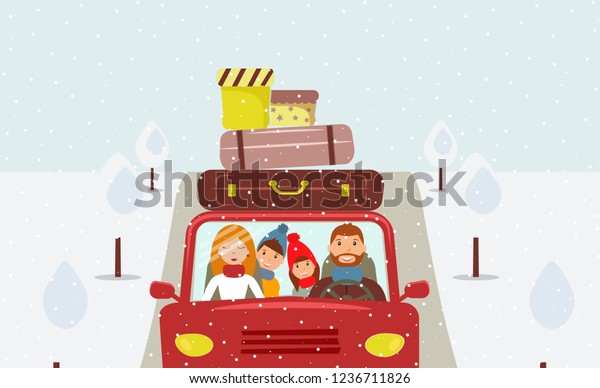 Beautiful cartoon family: young man, woman, son\
and daughter are going to Christmas vacation. Dad is driving a red\
car. There are a few suitcases and boxes on the roof of car. Road,\
trees. Raster