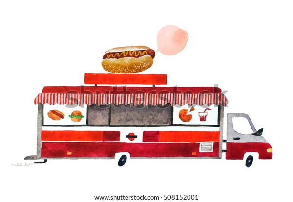 Beautiful cartoon
food track isolated on white background. Hand drawn watercolor food
truck for your
design.