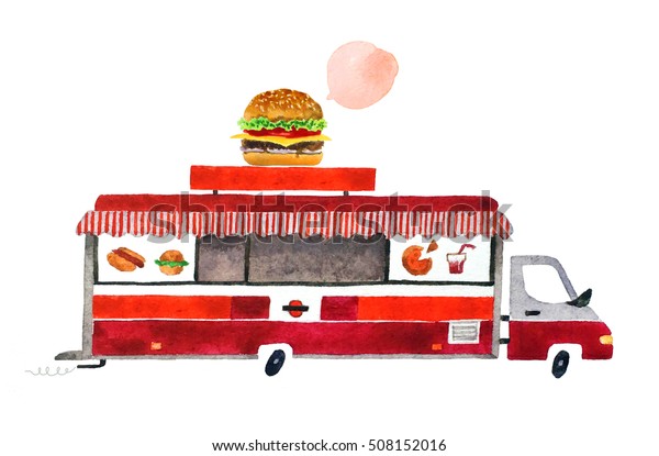 Beautiful cartoon\
food track isolated on white background. Hand drawn watercolor food\
truck for your\
design.