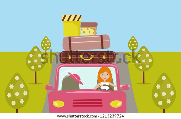 Beautiful cartoon girl is driving a\
pink car. She is going to vacation. There are a few suitcases and\
boxes on the roof of car. Road, trees. Raster\
illustration