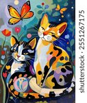 A beautiful cat in a modern style. The painting is made in oil on canvas with elements of acrylic painting. There are age-related cracks and texture on the coating.