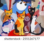 A beautiful cat in a modern style. The painting is made in oil on canvas with elements of acrylic painting. There are age-related cracks and texture on the coating.