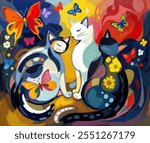 A beautiful cat in a modern style. The painting is made in oil on canvas with elements of acrylic painting. There are age-related cracks and texture on the coating.