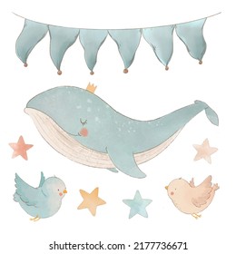 Beautiful children set contain cute watercolor whale with birds stars and flags clip art. Stock illustration.