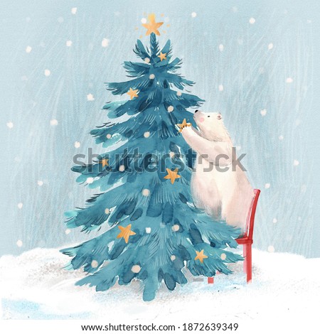Beautiful christmas stock illustration with hand drawn watercolor cute polar bear and fir tree.