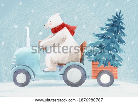 Beautiful christmas stock illustration with hand drawn watercolor cute polar bear on tractor and fir tree.
