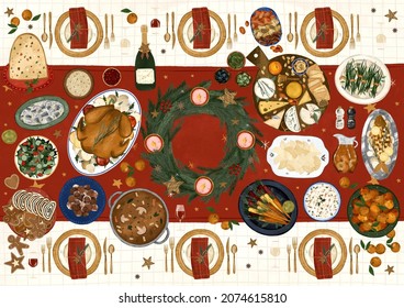 Beautiful Christmas table setting illustration with traditional holiday food from around the world.  Holiday meals.  Colorful illustration with family Christmas dinner. Turkey, mushroom soup, pierogi - Powered by Shutterstock