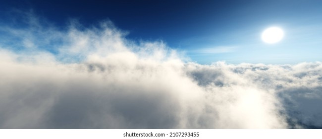 ,Beautiful Cloud Landscape Above The Clouds At Sunset, Clouds Panorama At Sunrise, Flight Above The Clouds, 3d Rendering