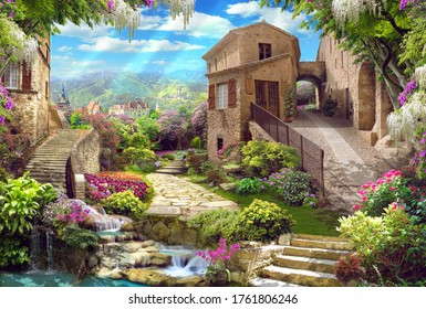 Beautiful collage with access to the garden, with old houses, flowers and waterfalls. Digital collage, mural and mural. Wallpaper. Poster design. Modular panel. 3d render