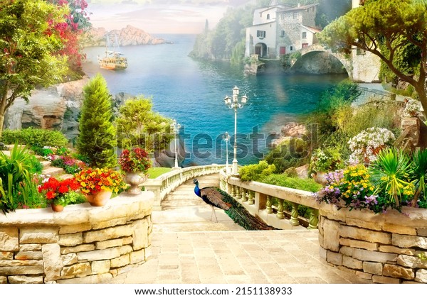 Beautiful collage with stairs access to the sea. Digital collage, home mural. Wallpaper design. 