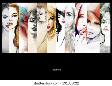 Beautiful collage , faces of women . Hand painted fashion illustration - Powered by Shutterstock