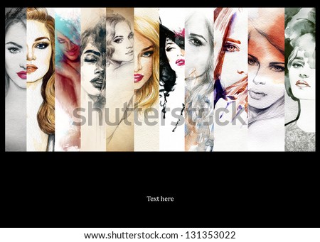 Beautiful collage , faces of women . Hand painted fashion illustration ストックフォト © 