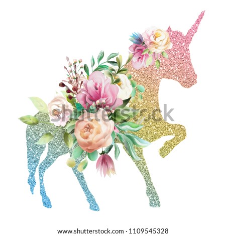Beautiful, colofrul unicorn, magic horse, pegasus silhouette, rainbow color with shiny golden glitter and watercolor floral, flowers bouquet