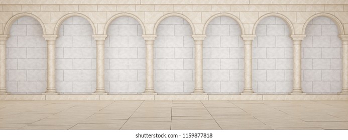 Beautiful Colonnade in classic style.  Colonnade in Greek style. Colonnade with arches. 3D Illustration