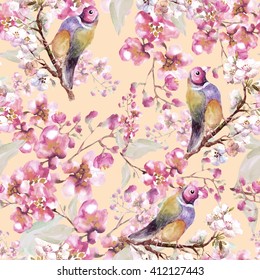 Beautiful colorful Bird on the blooming bran?h tree seamless pattern 