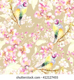 Beautiful colorful Bird on the blooming bran?h tree seamless pattern 