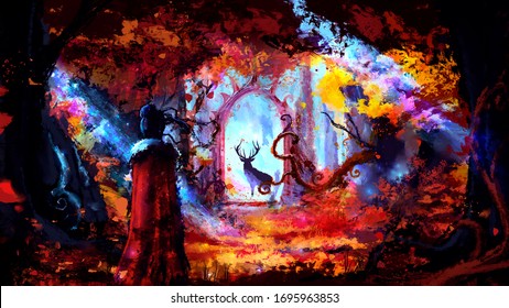 A beautiful colorful forest with red foliage everywhere, in the foreground, the character looks forward at a curious deer frozen in the arch of ancient ruins. 2d illustration