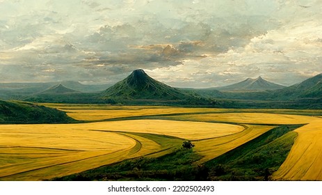 Beautiful And Colorful Landscape Background With Golden Hour Mountain And Field, 3D Rendering