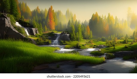 Beautiful And Colorful Trees In Green Old World Landscape