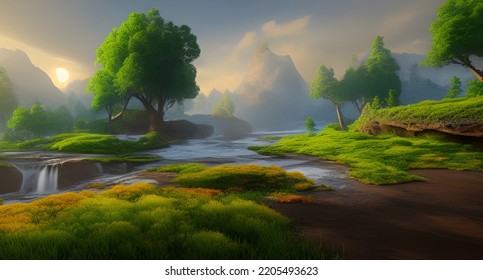 Beautiful And Colorful Trees In Green Old World Landscape