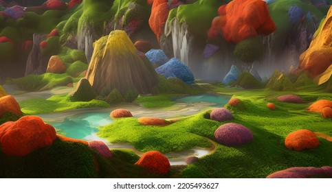 Beautiful And Colorful Trees In Green Old World Landscape