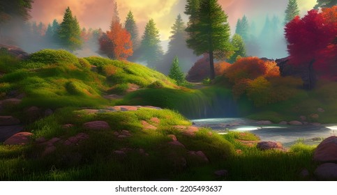 Beautiful And Colorful Trees In Green Old World Landscape