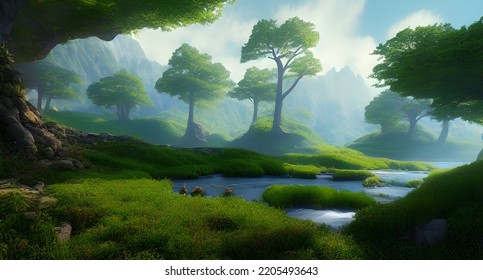 Beautiful And Colorful Trees In Green Old World Landscape