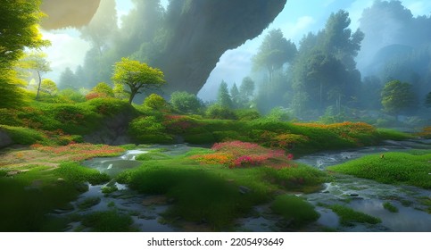 Beautiful And Colorful Trees In Green Old World Landscape