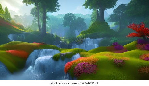 Beautiful And Colorful Trees In Green Old World Landscape