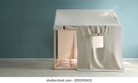 A Beautiful And Comfy Kids Indoor Sleepover Tent Inside The Bedroom With Blue Wallpaper And Morning Sunlight. 3D Render, Empty, Nobody, Background, Backdrop, Childhood, Happiness, Playroom, Sleepover.