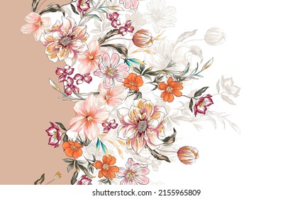 Beautiful composition of flowers bouquet with peony, lily, tulip, orchids colorful. Fabric motif texture repeated. Floral elements different type on camel color background. Ilustrasi Stok