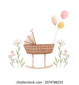 Beautiful Composition With Hand Drawn Watercolor Baby Cradle Crib Air Baloons And Flowers. Stock Clip Art Illustration For Girl.