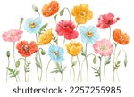 Beautiful composition with watercolor hand drawn colorful poppy flowers. Stock illustration.