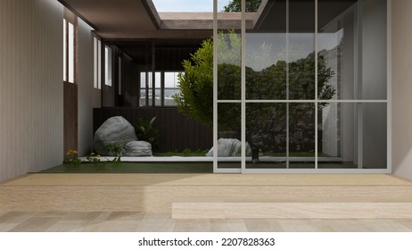 Beautiful Contemporary Home Indoor Garden Or Courtyard Garden With Tropical Tree, Stones, Flowers. 3d Rendering, 3d Illustration