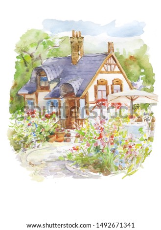 beautiful country house in flower garden