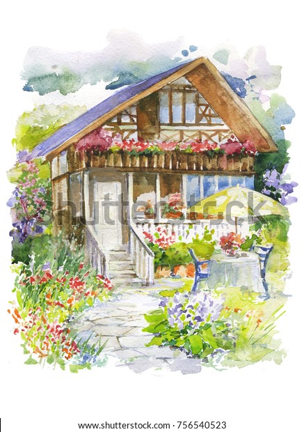 庭の花の美しい田舎の家 のイラスト素材